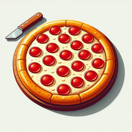 Pizza with cheese, tomato and salami. Vector illustration.の写真素材