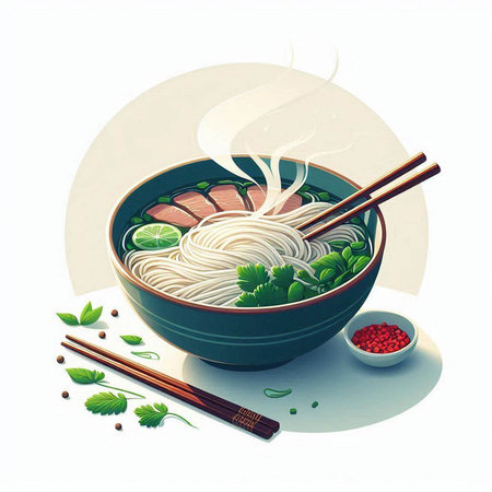 Illustration of japanese noodle soup in bowl with chopsticks