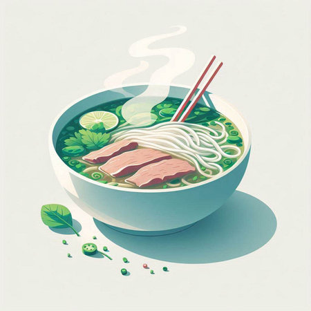 Noodle soup in a bowl with chopsticks. Vector illustration.