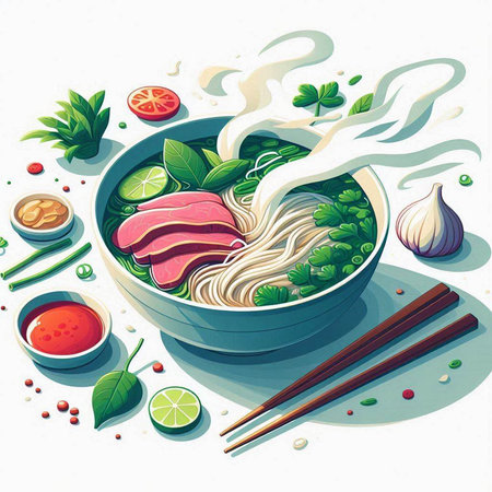 Illustration of a bowl of ramen with chopsticks and vegetables