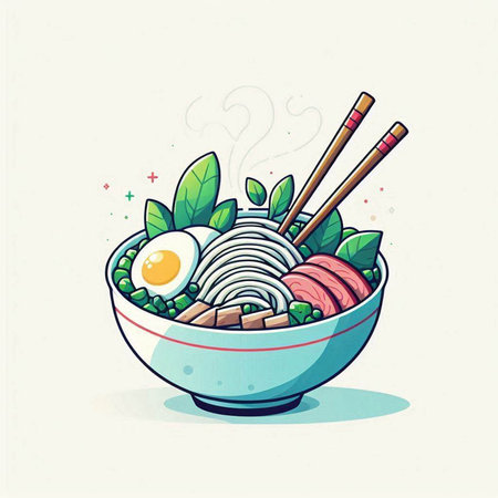 Illustration of a bowl of japanese noodle soup.