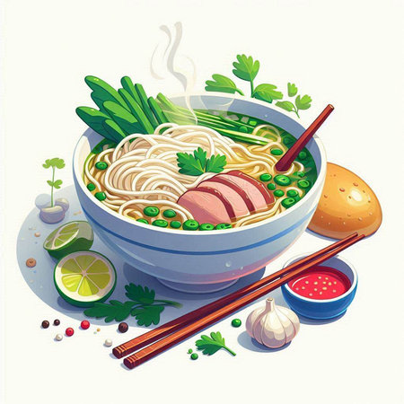 Illustration of a bowl of noodle soup with chopsticks and ingredients