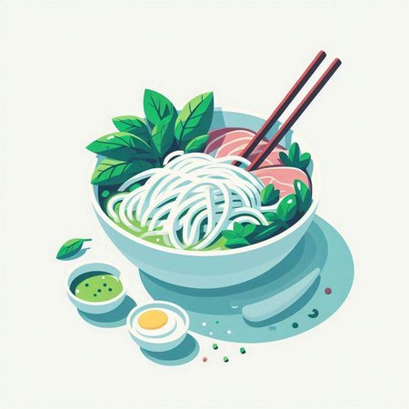 Illustration of ramen noodle in bowl with chopsticks.
