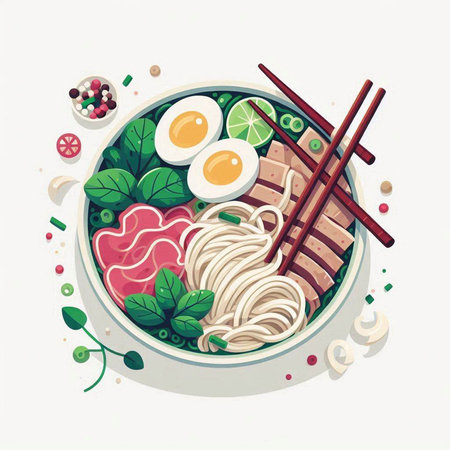 Bowl of noodle with meat and egg. Vector illustration.