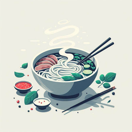 Illustration of a bowl of noodle soup with chopsticks and ingredients