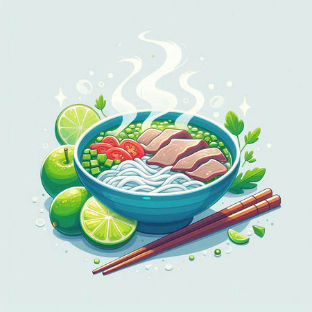 Illustration of a bowl of noodle soup with chopsticks and lime