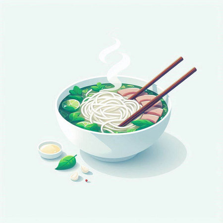 Illustration of a bowl of noodle soup with chopsticks and vegetables