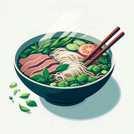 Illustration of japanese noodle soup in bowl with chopsticks