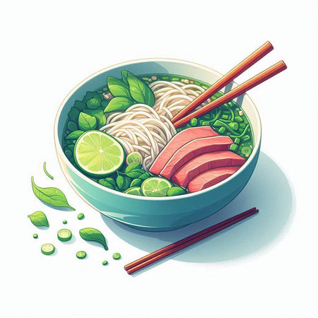 Illustration of a bowl of green noodle soup with beef and lime