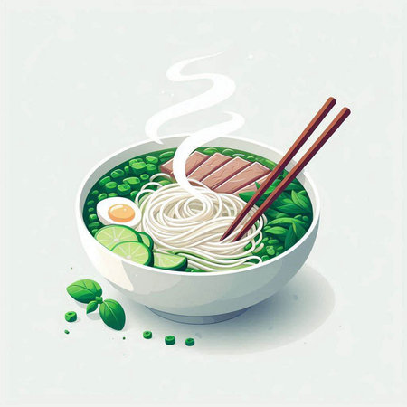 Noodle soup in a bowl with chopsticks. Vector illustration.
