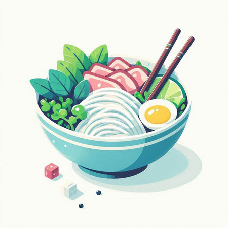 Illustration of a bowl of japanese noodle soup with chopsticks
