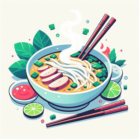 Noodles in a bowl with chopsticks. Vector illustration.