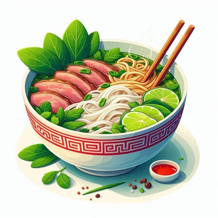 Bowl of noodle soup with beef meat and vegetables. Vector illustration.