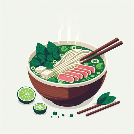 Illustration of japanese noodle soup in bowl with chopsticks