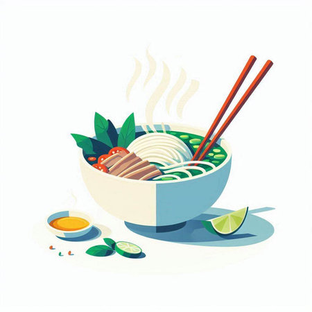 Noodles in bowl with chopsticks. Vector illustration on white background.