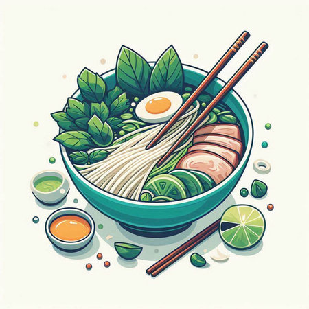 Illustration of a bowl of japanese ramen with chopsticks
