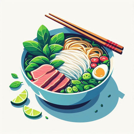 Bowl of noodle soup with meat and vegetables. Vector illustration.
