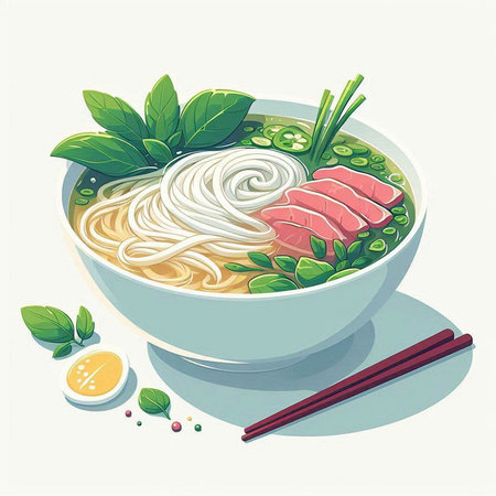 Illustration of a bowl of Asian noodle soup with meat and vegetables