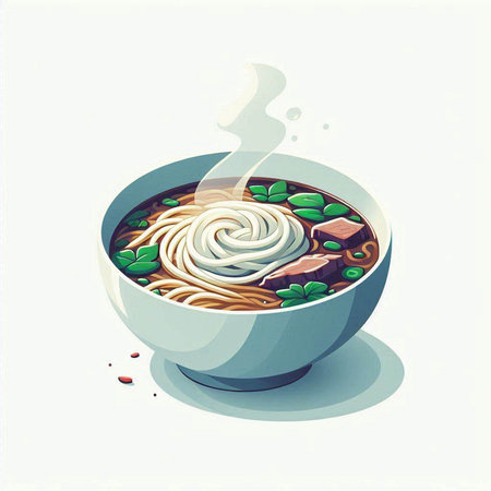 Bowl of noodle soup with meat and vegetables. Vector illustration.