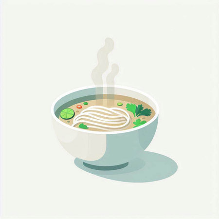 Illustration of japanese ramen soup with noodles and vegetables