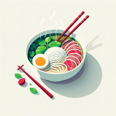 Illustration of a bowl of udon noodles with chopsticks and egg