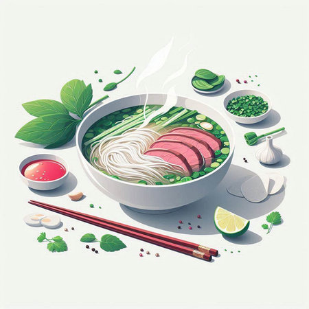 Illustration of soup in bowl with chopsticks and green tea leaves