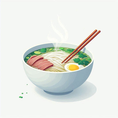 Illustration of a bowl of noodle soup with chopsticks.