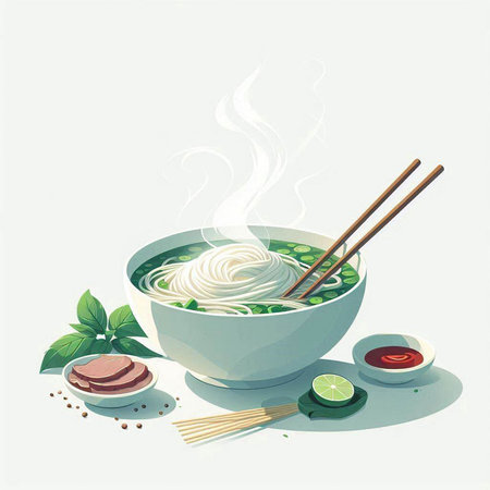 Illustration of a bowl of noodle with chopsticks and vegetables