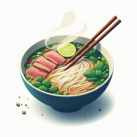 Illustration of japanese soup ramen in bowl with chopsticks