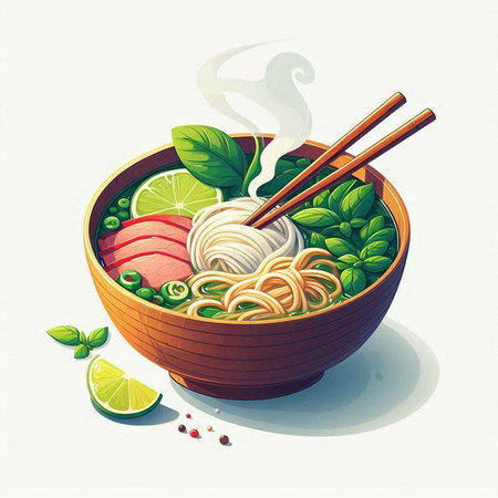 Noodles in bowl with chopsticks and vegetables. Vector illustration.