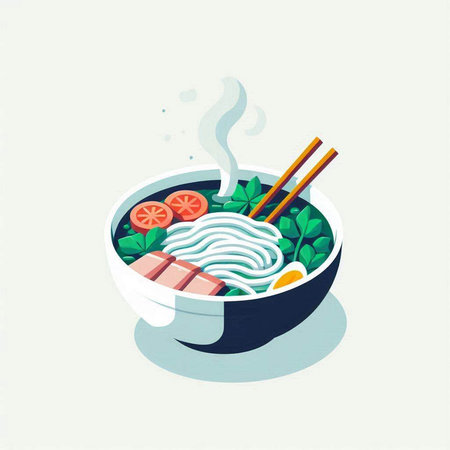 Bowl of noodle soup with meat and vegetables. Vector illustration.