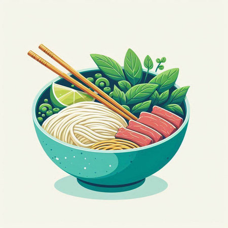 Illustration of a bowl of noodle with chopsticks and vegetables