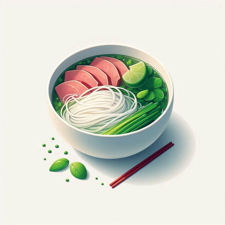 Illustration of a bowl of rice noodles with vegetables and meat.