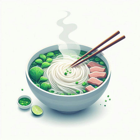 Illustration of japanese noodle soup in bowl with chopsticks