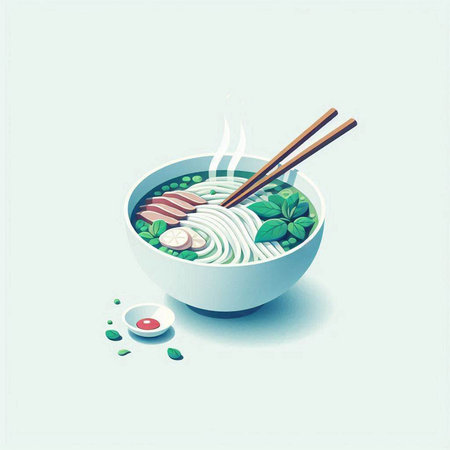 japanese noodle in a bowl with chopsticks, vector illustration