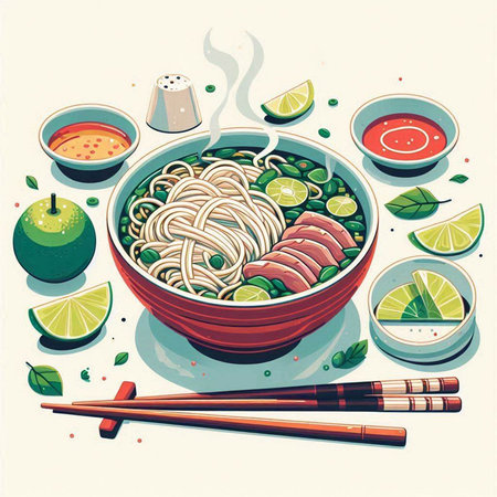 Noodle soup in a bowl with chopsticks. Vector illustration.