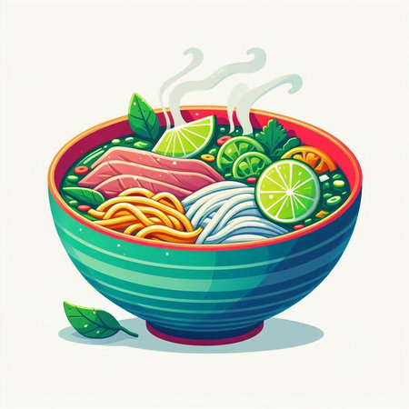 Illustration of a bowl of Asian noodle soup with vegetables and herbs