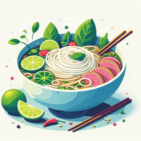 Illustration of a bowl of Asian noodles with chopsticks and lime