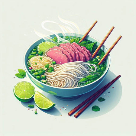 Illustration of japanese noodle soup in bowl with chopsticks