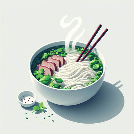 Bowl of noodle soup with chopsticks and green peas.