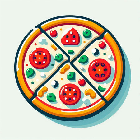 Pizza with different toppings. Vector illustration in flat style.の写真素材