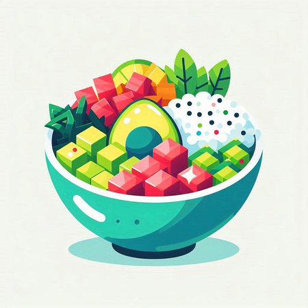 Vector illustration of a bowl of mixed fruits and vegetables in cartoon style