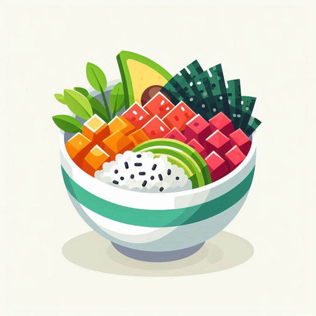 Vector illustration of colorful bowl with mixed fresh fruit and vegetable in flat style