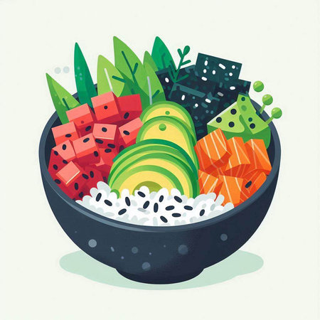Sushi bowl with salmon, avocado and watermelon. Vector illustration.