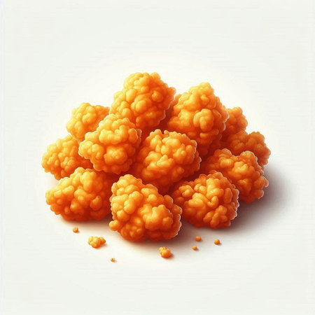 Illustration of a pile of deep fried chicken nuggets on a white backgroundの写真素材