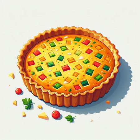 Illustration of a pie with tomatoes, mozzarella cheese and cucumbers