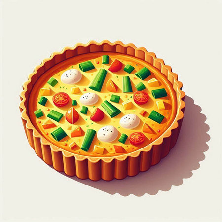 Illustration of a pie with green onions and tomatoes on a white background