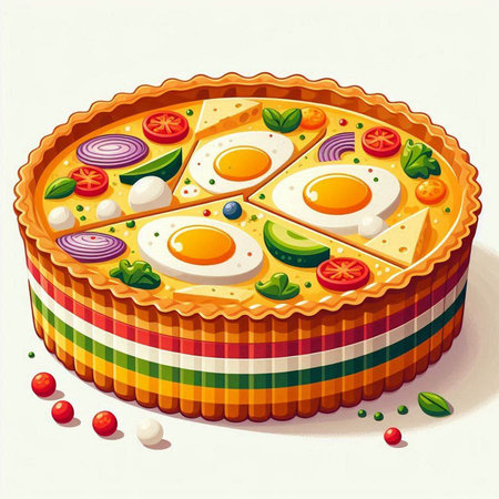 Illustration of a pie with eggs and vegetables on a white background