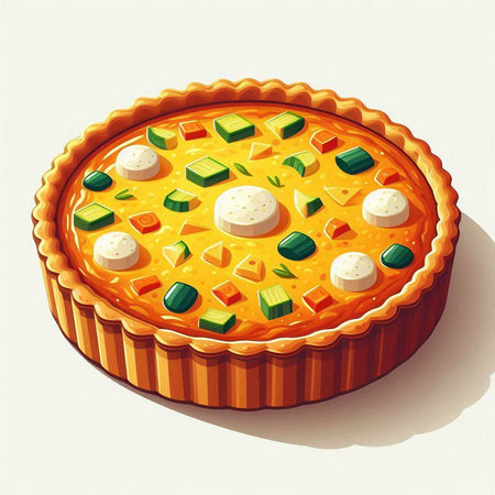 Illustration of a pie with cheese and vegetables on a white background