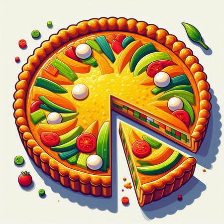 Illustration of a pie with tomato, cucumber and mozzarella